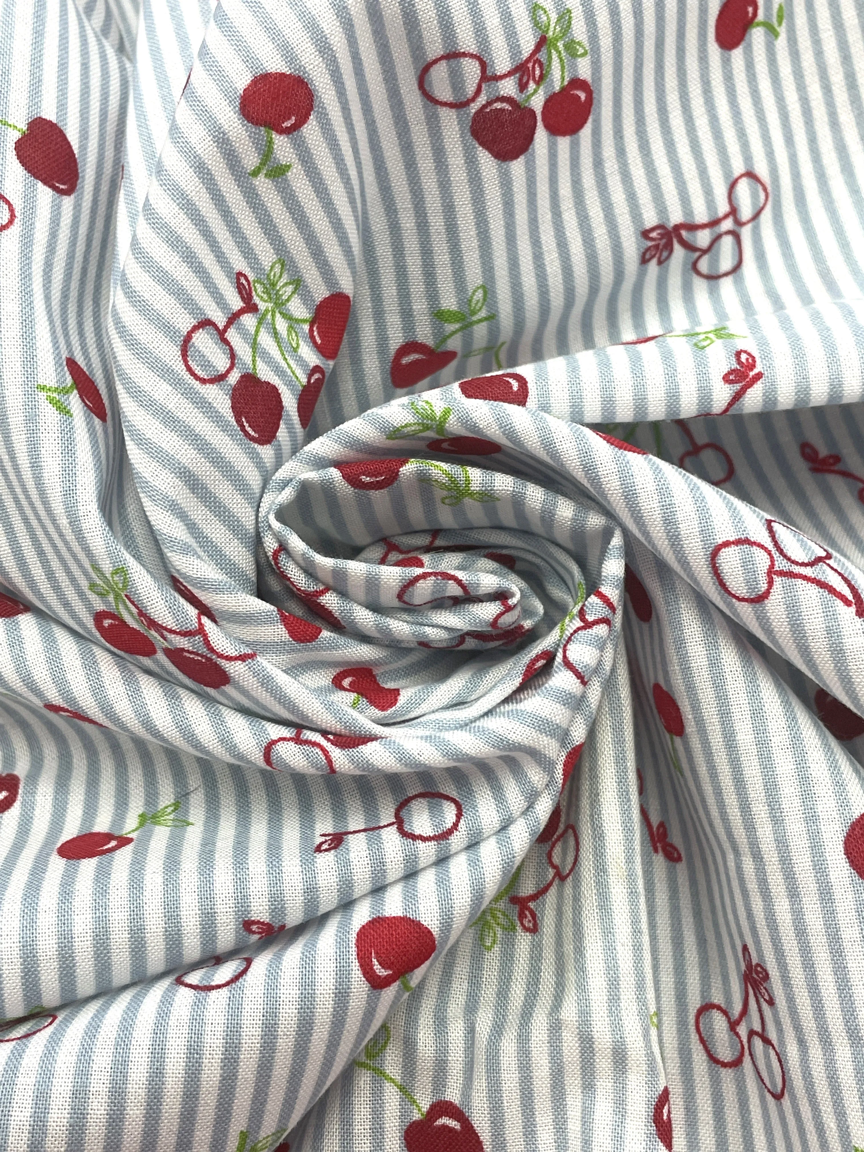 1 1/2 YD Quilting Cotton - Blue and White Stripes with Red Cherries