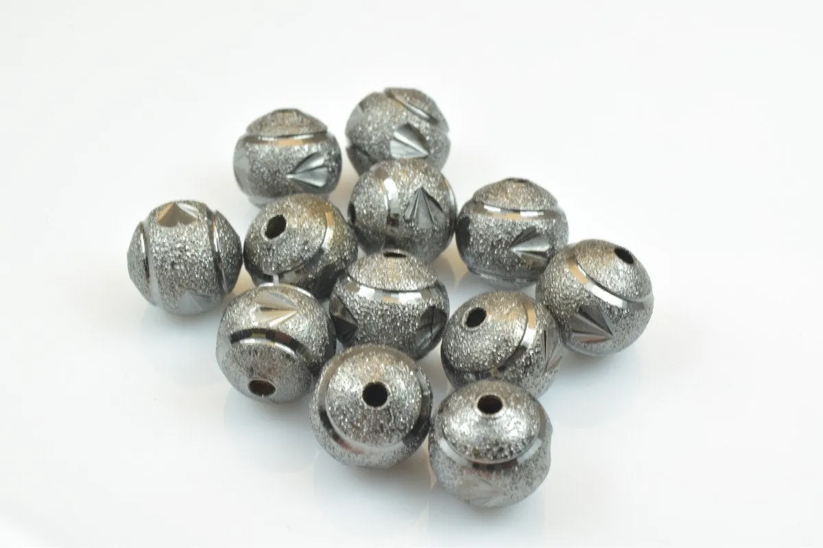 100 PCs Gun Metal Plated Black Carved Round Beads 6mm/8mm/10mm Diamond Cut For Jewelry Making