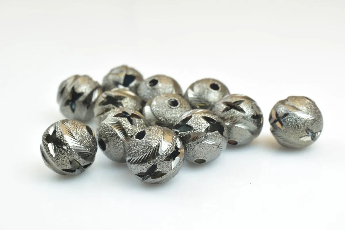 100 PCs Gun Metal Plated Black Carved Round Beads 6mm/8mm/10mm Diamond Cut For Jewelry Making