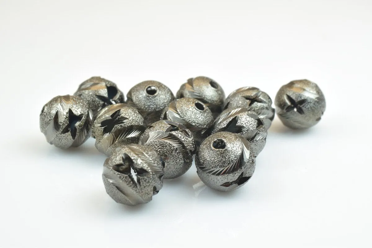 100 PCs Gun Metal Plated Black Carved Round Beads 6mm/8mm/10mm Diamond Cut For Jewelry Making