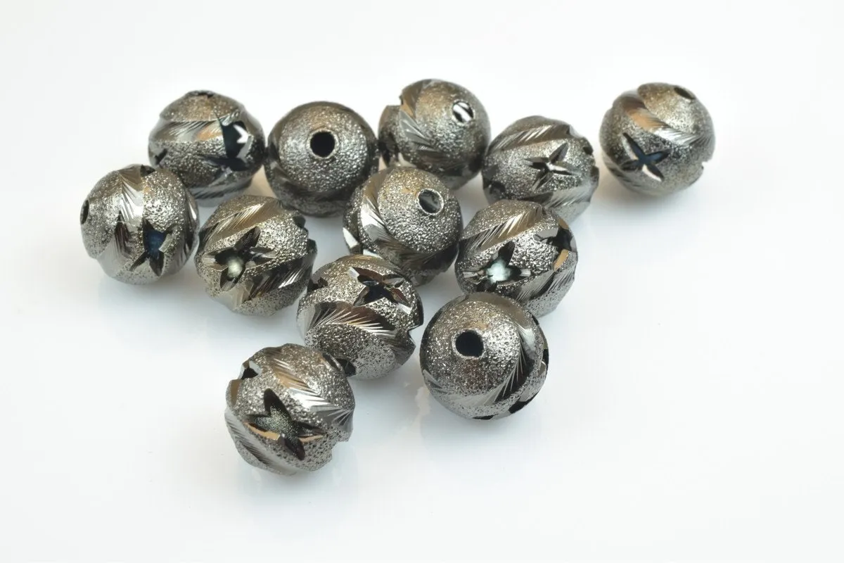 100 PCs Gun Metal Plated Black Carved Round Beads 6mm/8mm/10mm Diamond Cut For Jewelry Making