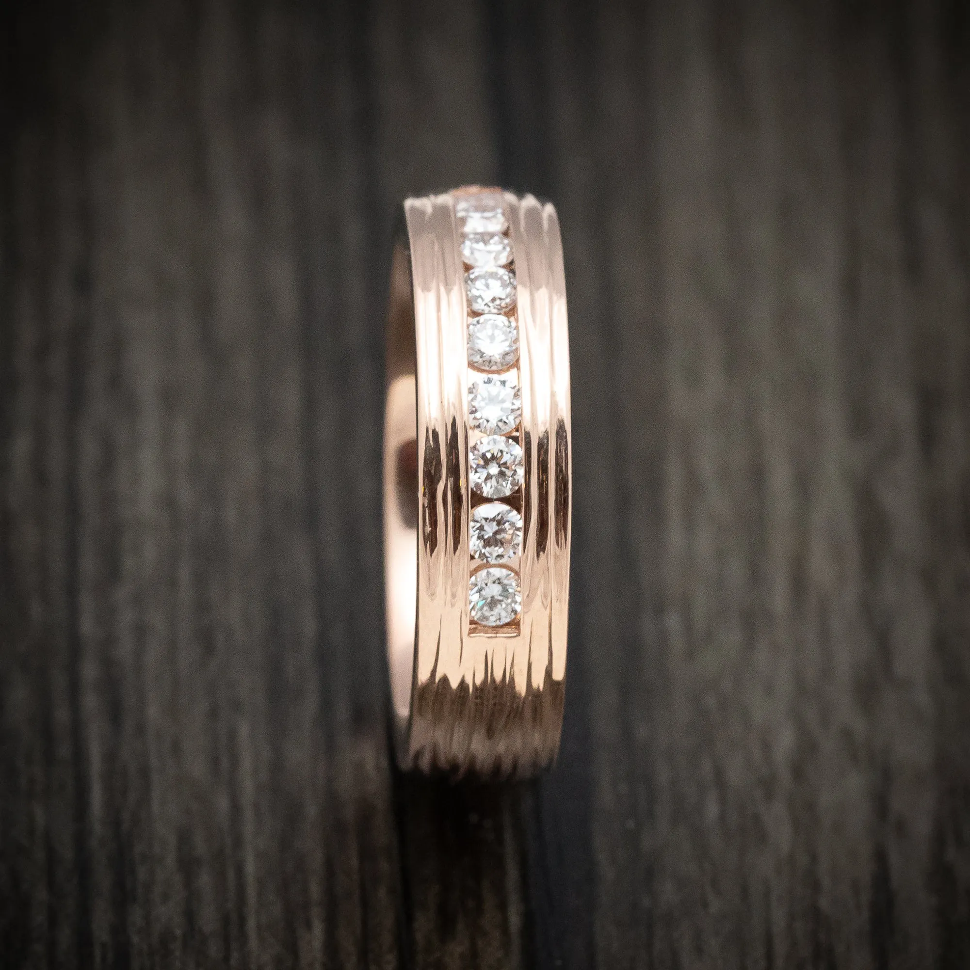 14K Gold Men's Ring with Lab Diamonds and Dinosaur Bone Side Inlays Custom Made Band