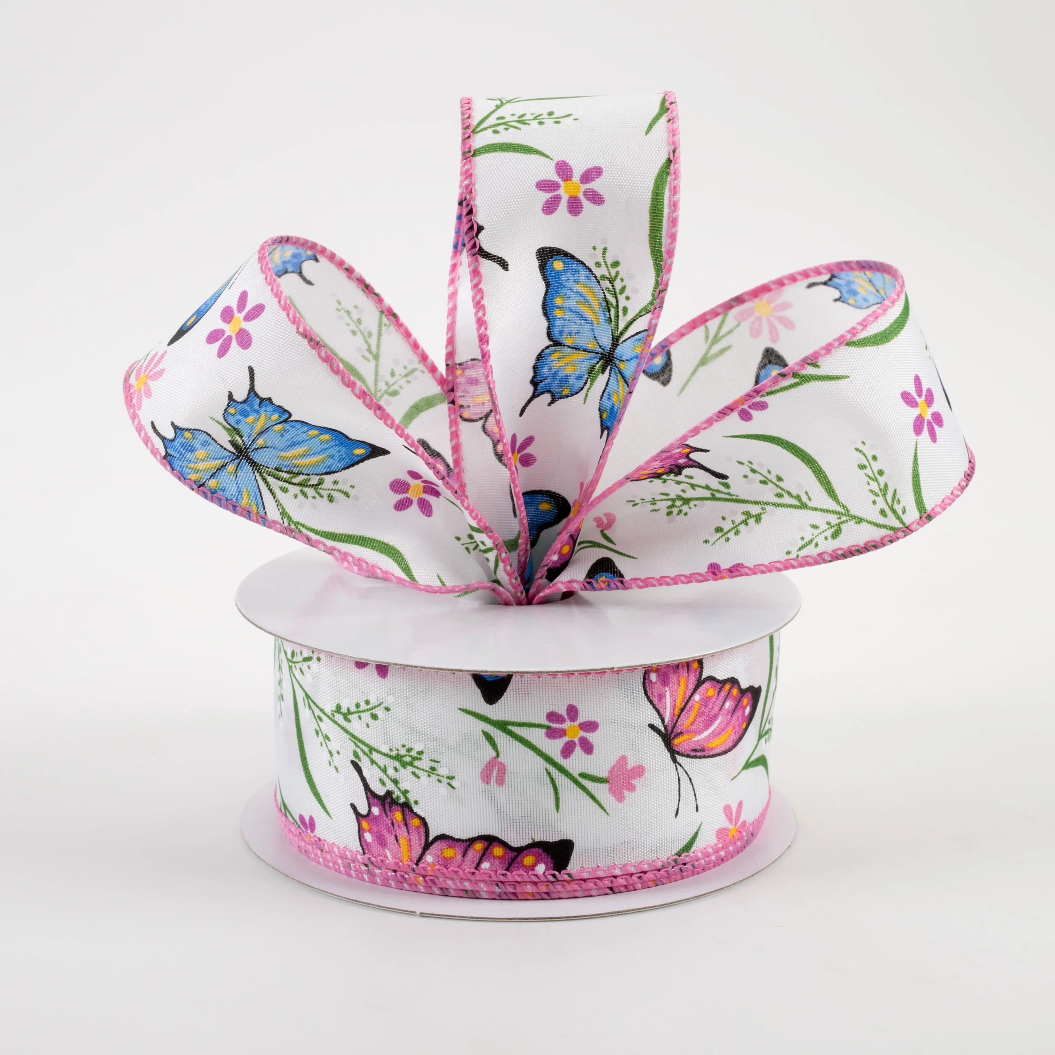 1.5" Butterfly Flowers Satin Ribbon: Pink & Blue (10 Yards)