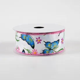 1.5" Butterfly Flowers Satin Ribbon: Pink & Blue (10 Yards)