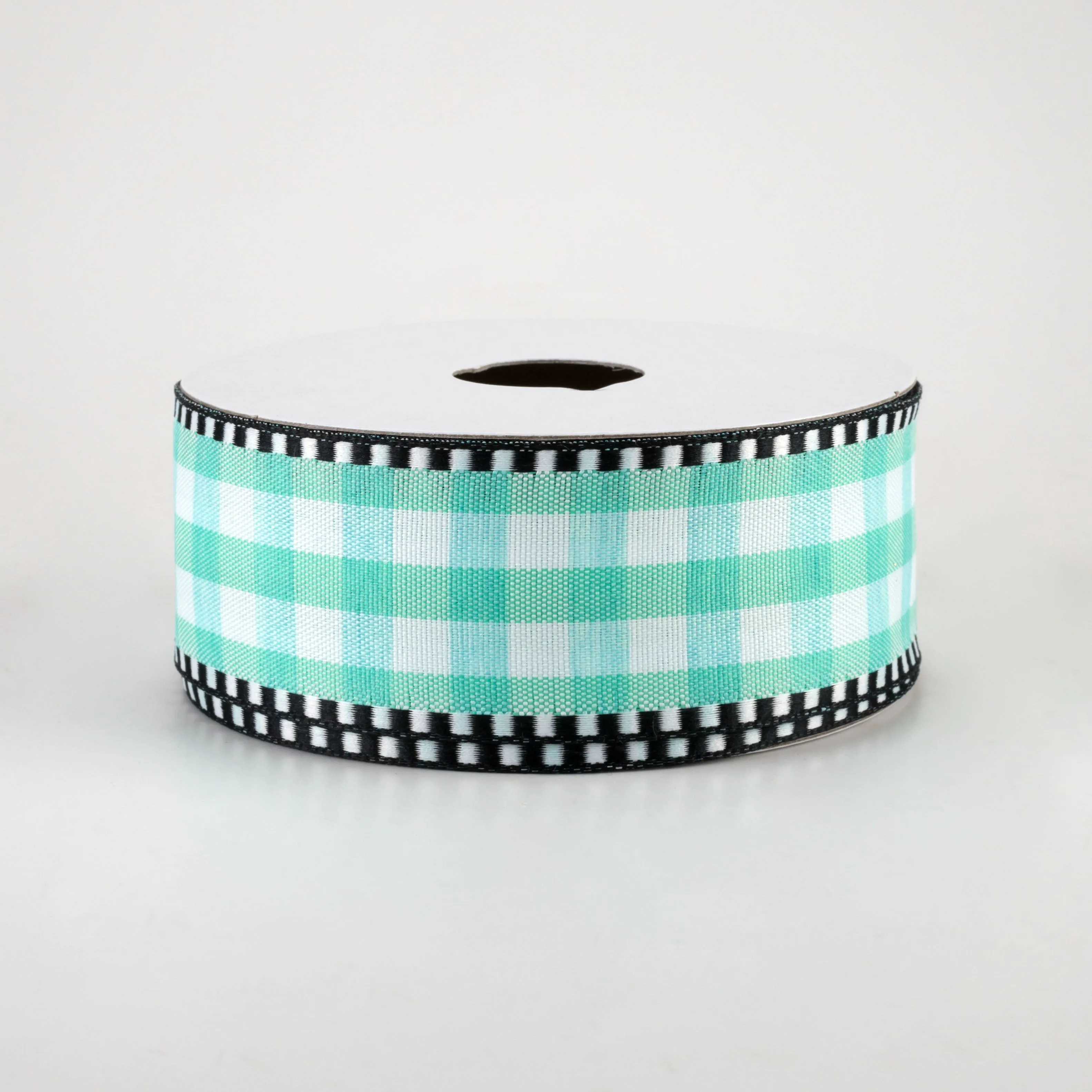 1.5" Dashed Edge Check Plaid Ribbon: Aqua & White (10 Yards)