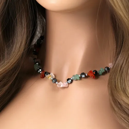 18" Multicolored Chips Stone Hematite Necklace