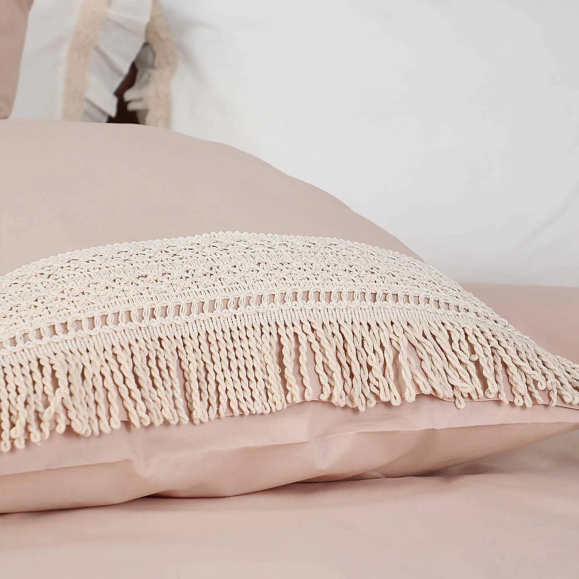 2-Pack Trimmed Pillowcases with Lace and Tassels  50 x 70 cm Plain Pillow Covers Envelope Closure Cotton Fabric, Set of 2,YK-23