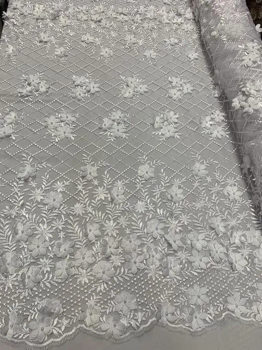 3D Floral Pearl Beaded Embroidery Lace Fabric | Mesh Fabric