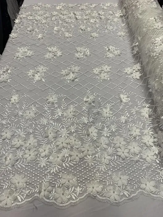 3D Floral Pearl Beaded Embroidery Lace Fabric | Mesh Fabric