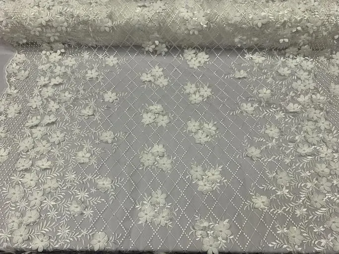 3D Floral Pearl Beaded Embroidery Lace Fabric | Mesh Fabric