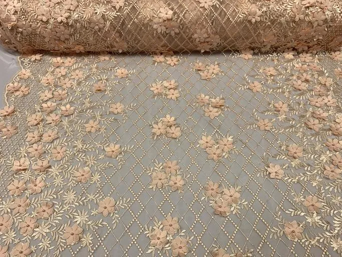 3D Floral Pearl Beaded Embroidery Lace Fabric | Mesh Fabric