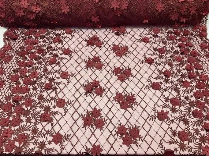 3D Floral Pearl Beaded Embroidery Lace Fabric | Mesh Fabric