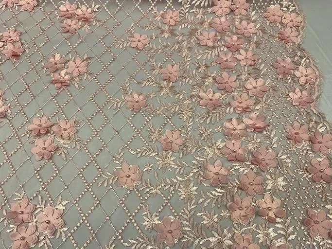 3D Floral Pearl Beaded Embroidery Lace Fabric | Mesh Fabric