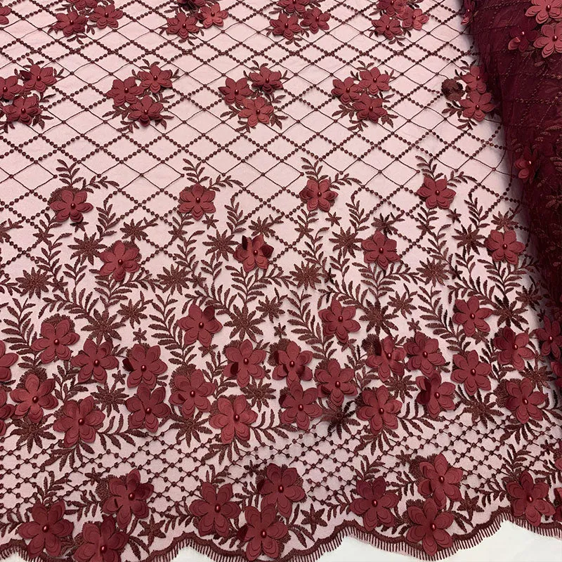 3D Floral Pearl Beaded Embroidery Lace Fabric | Mesh Fabric