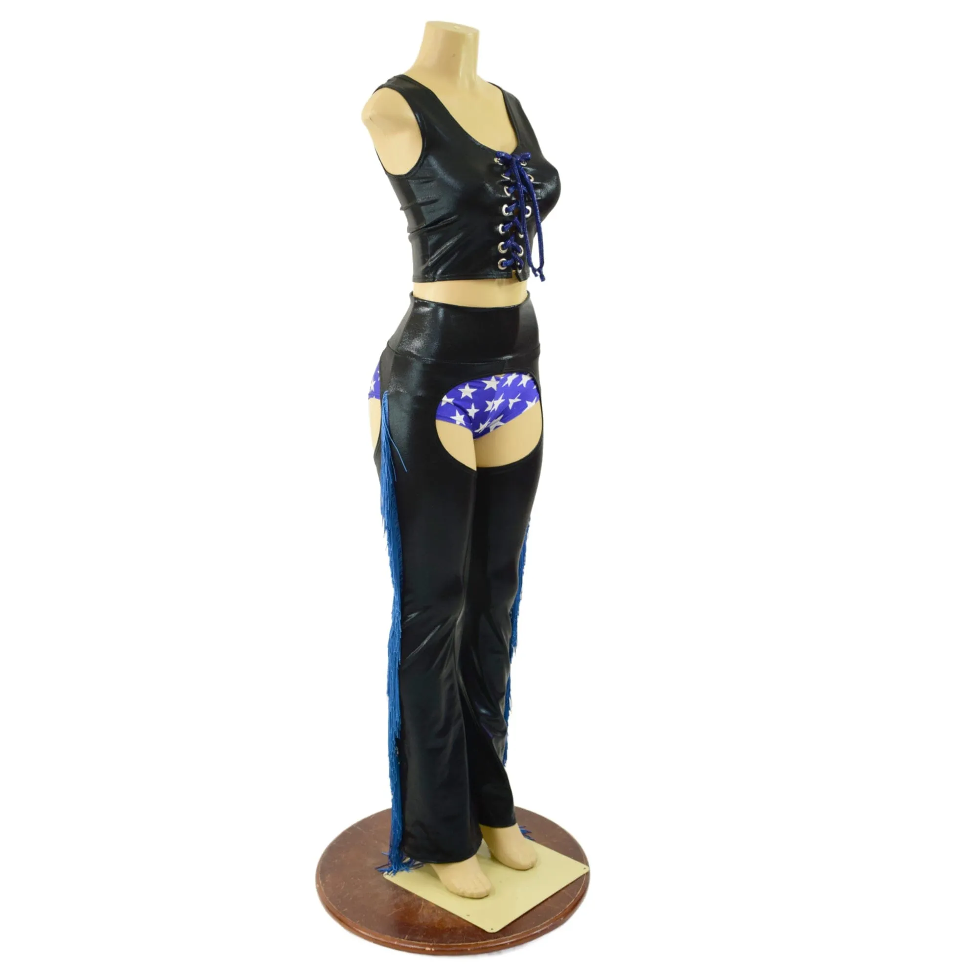 3PC Black and Blue Fringe Chaps, Siren Shorts, and Laceup Crop Tank Set