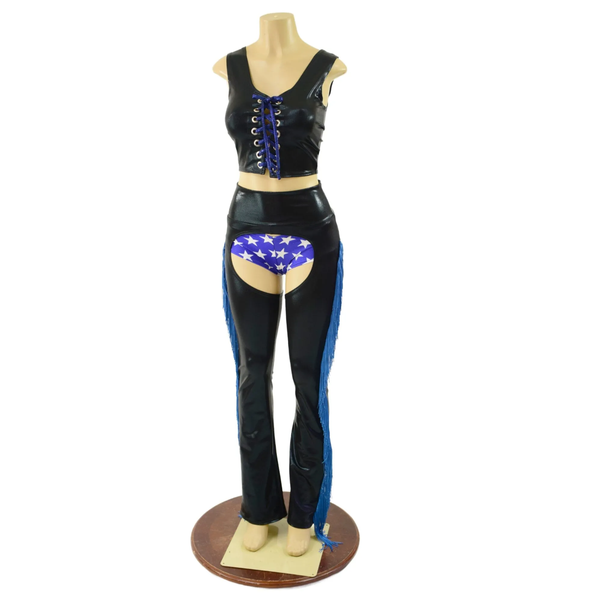 3PC Black and Blue Fringe Chaps, Siren Shorts, and Laceup Crop Tank Set