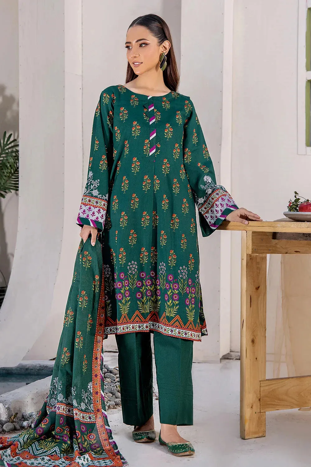 3PC Printed Unstitched Lawn Suit KLA-2706 Sea Green