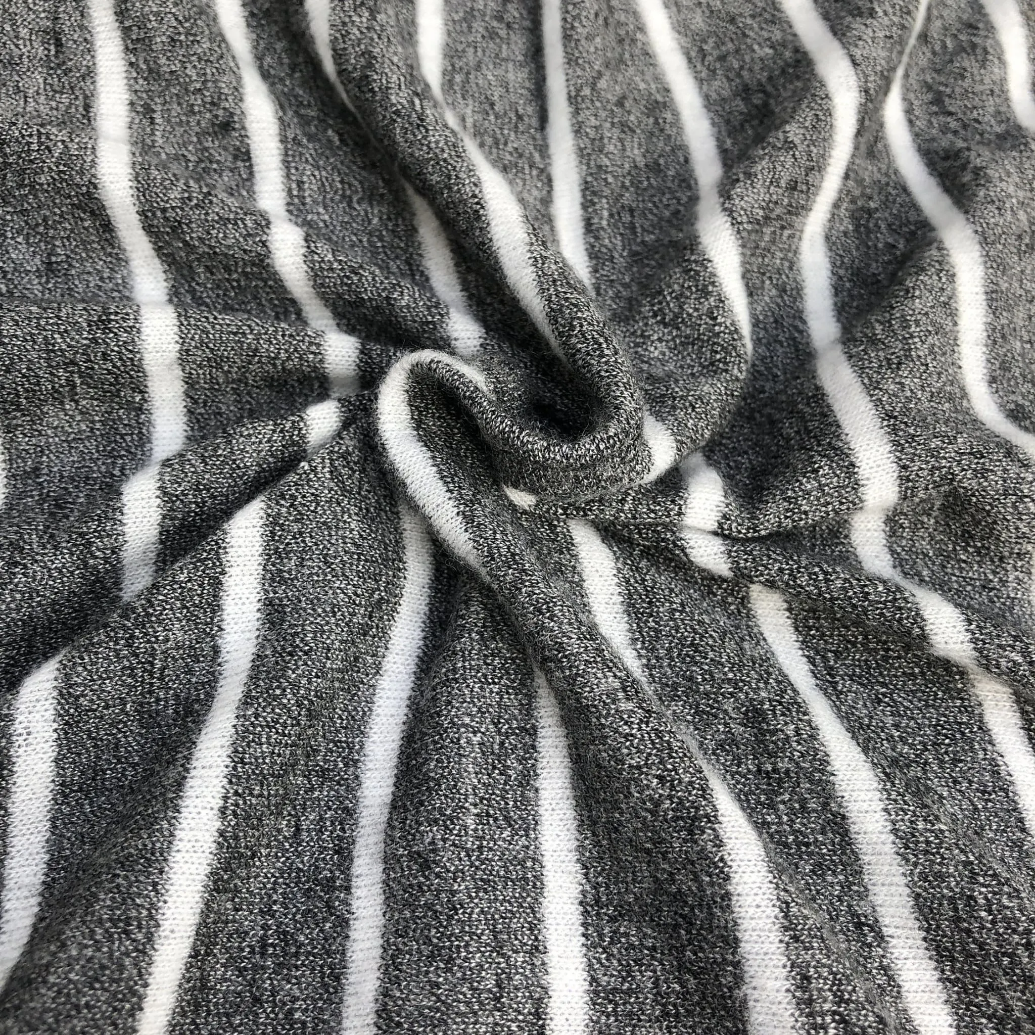 54" Rayon Spandex Blend Fleece Heather Gray & White Striped Knit Fabric By Yard