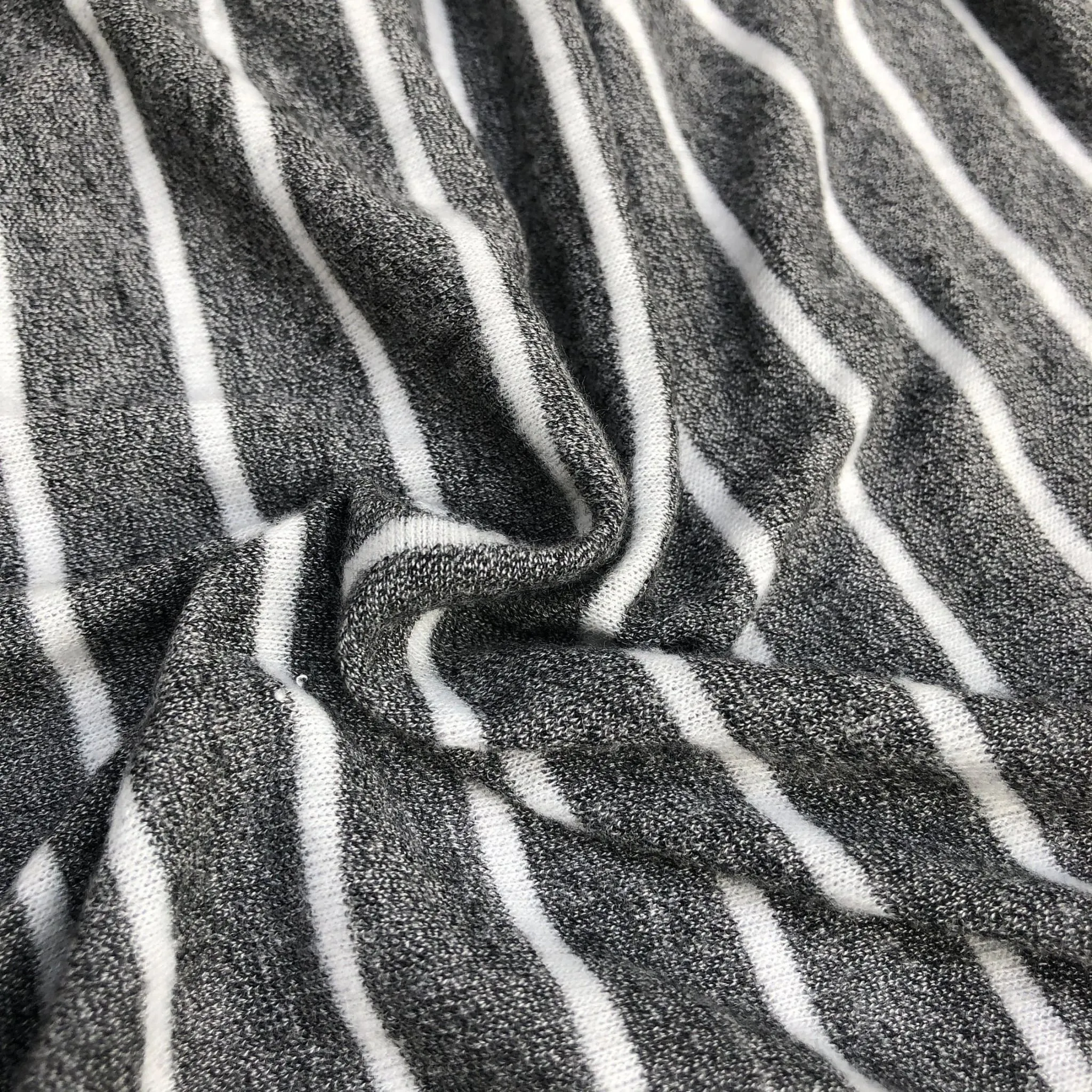 54" Rayon Spandex Blend Fleece Heather Gray & White Striped Knit Fabric By Yard