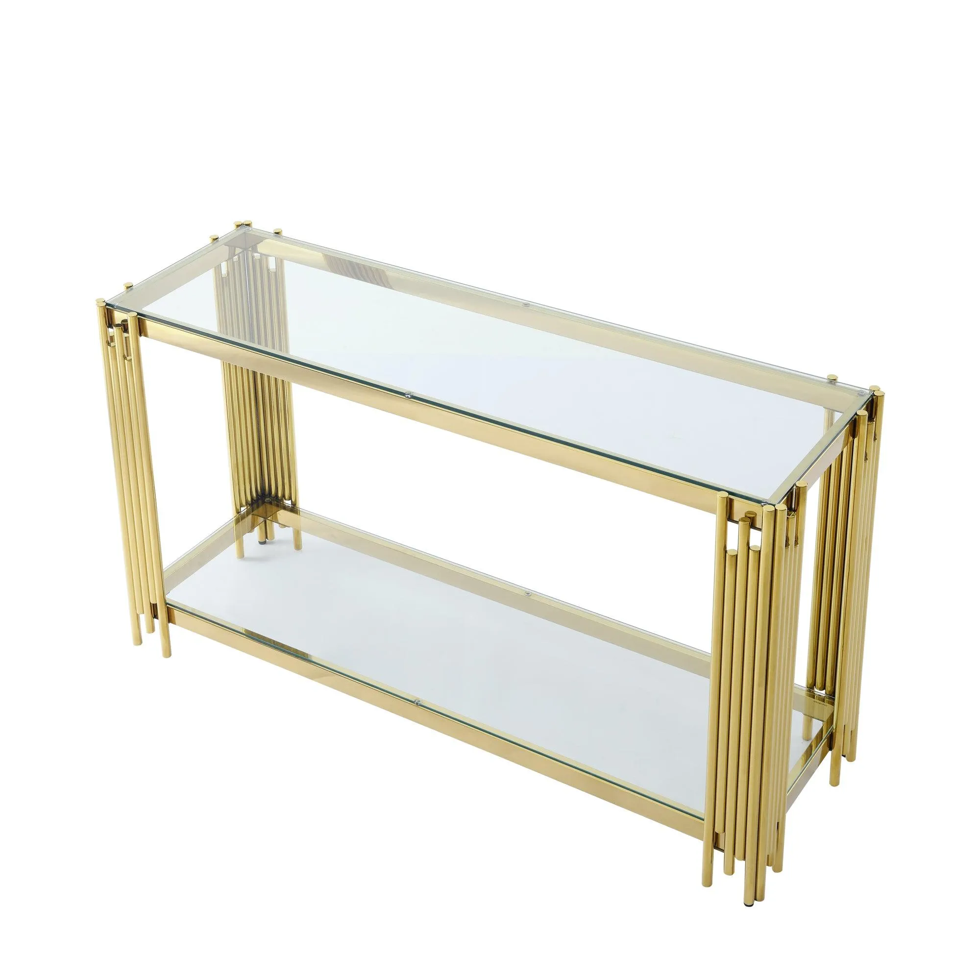 55" Modern Glass Console Table, Gold Frame with Clear Tempered Glass Top