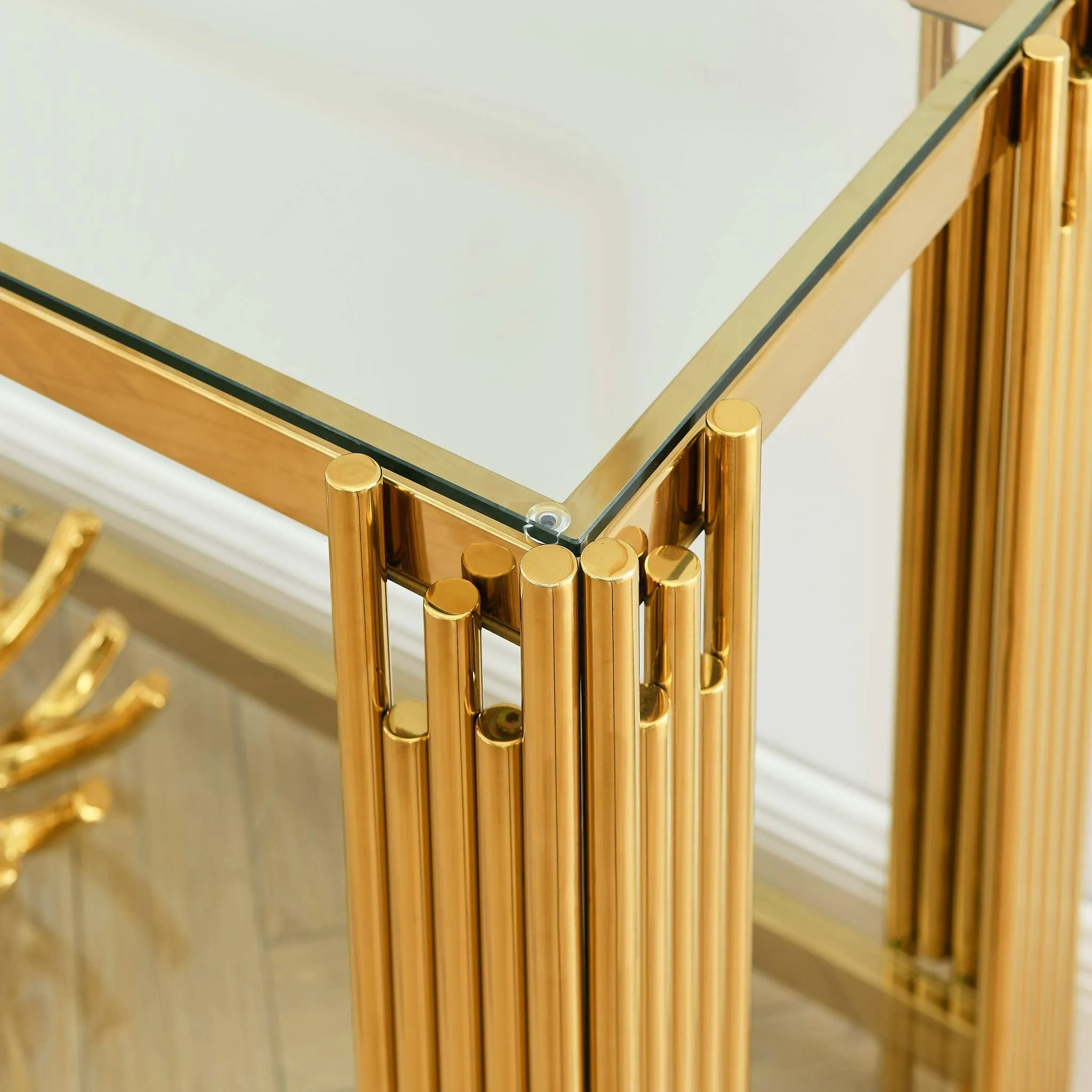 55" Modern Glass Console Table, Gold Frame with Clear Tempered Glass Top