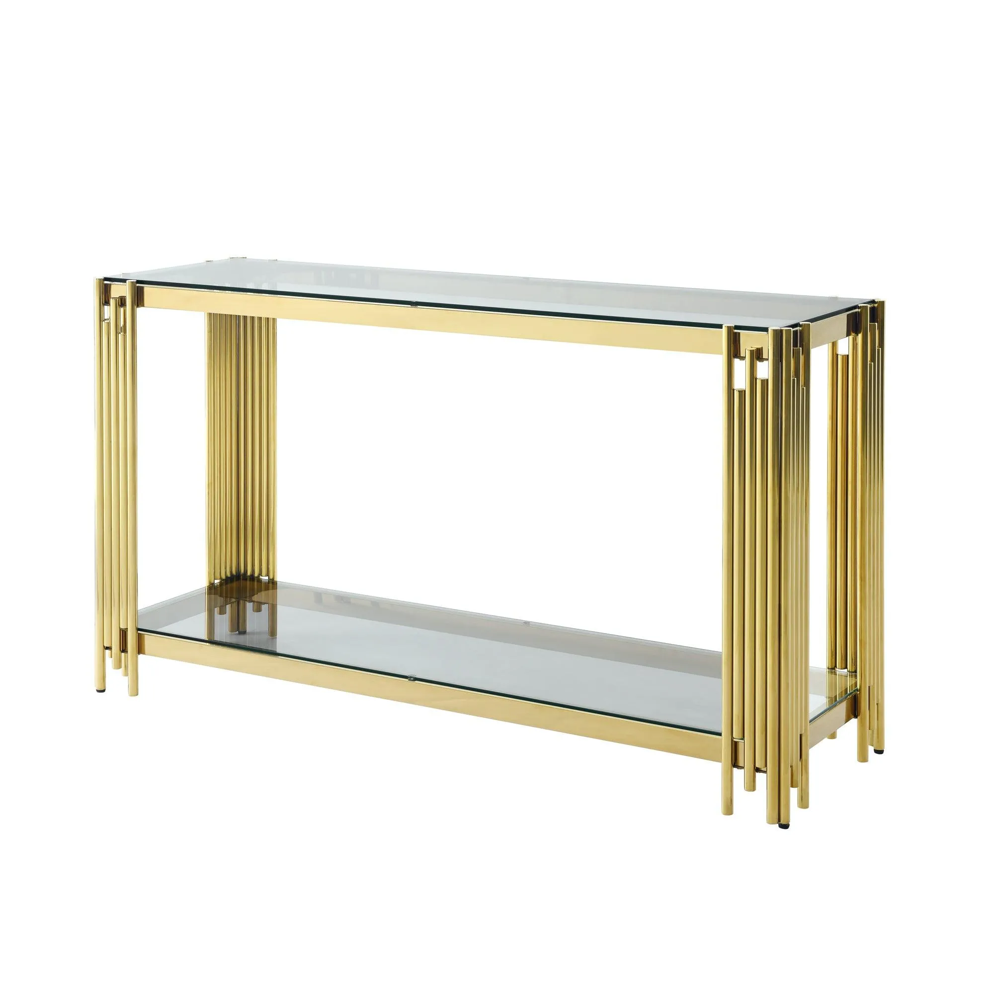 55" Modern Glass Console Table, Gold Frame with Clear Tempered Glass Top