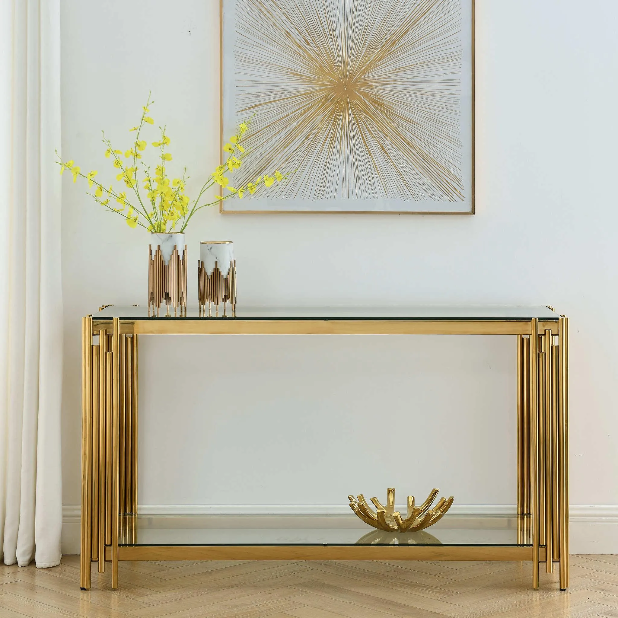 55" Modern Glass Console Table, Gold Frame with Clear Tempered Glass Top