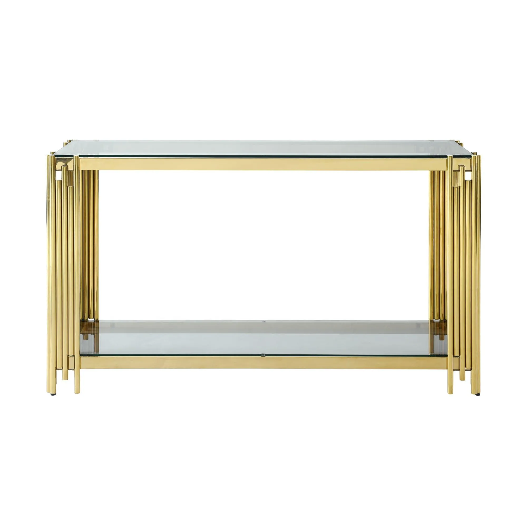 55" Modern Glass Console Table, Gold Frame with Clear Tempered Glass Top