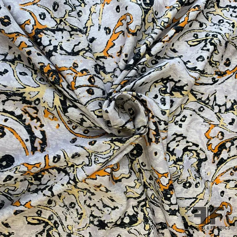 Abstract Paisley Printed Silk/Cotton Faille - Grey/Orange/Midnight Blue