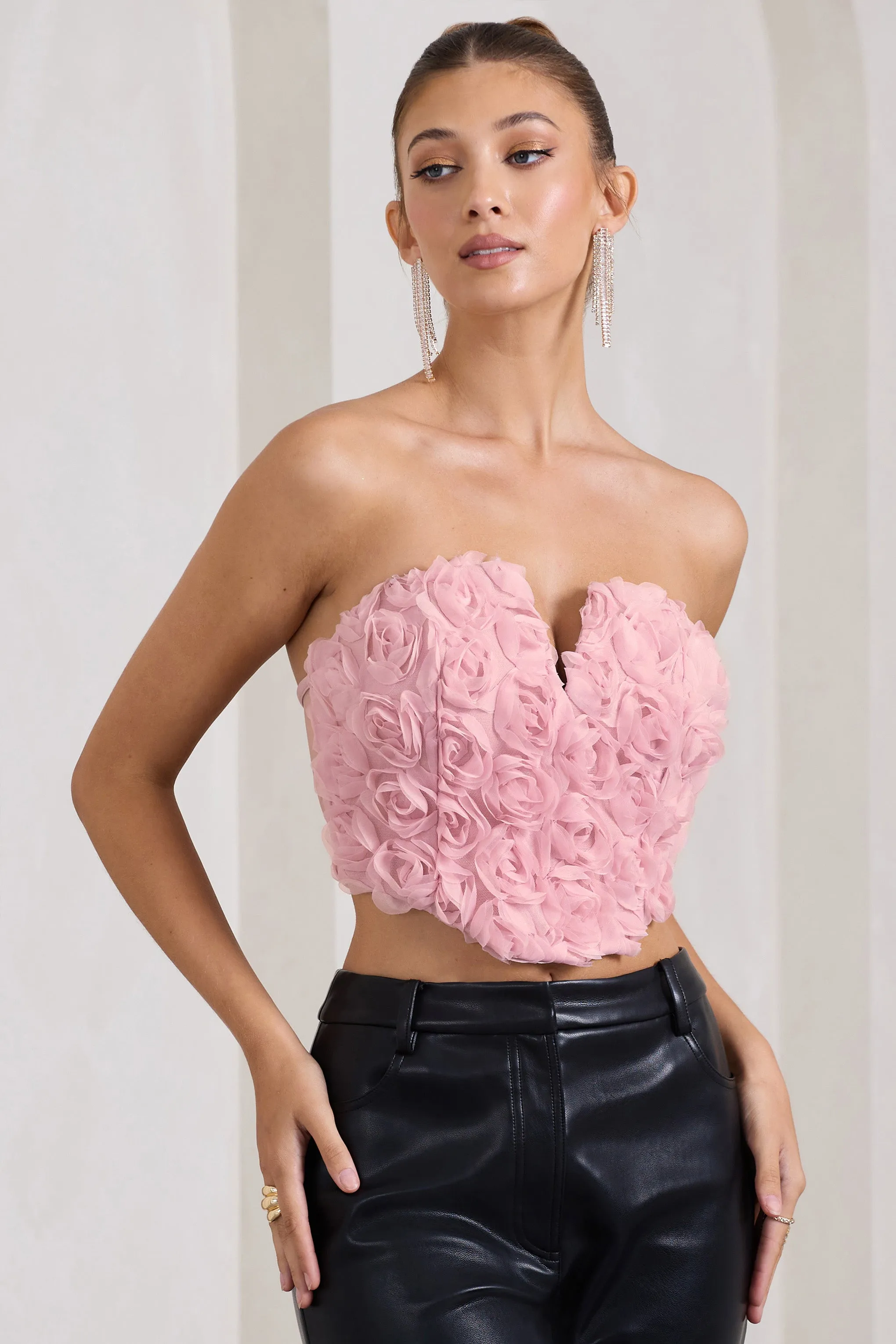 Alicia | Blush Pink Floral Mesh Strapless Corset Top