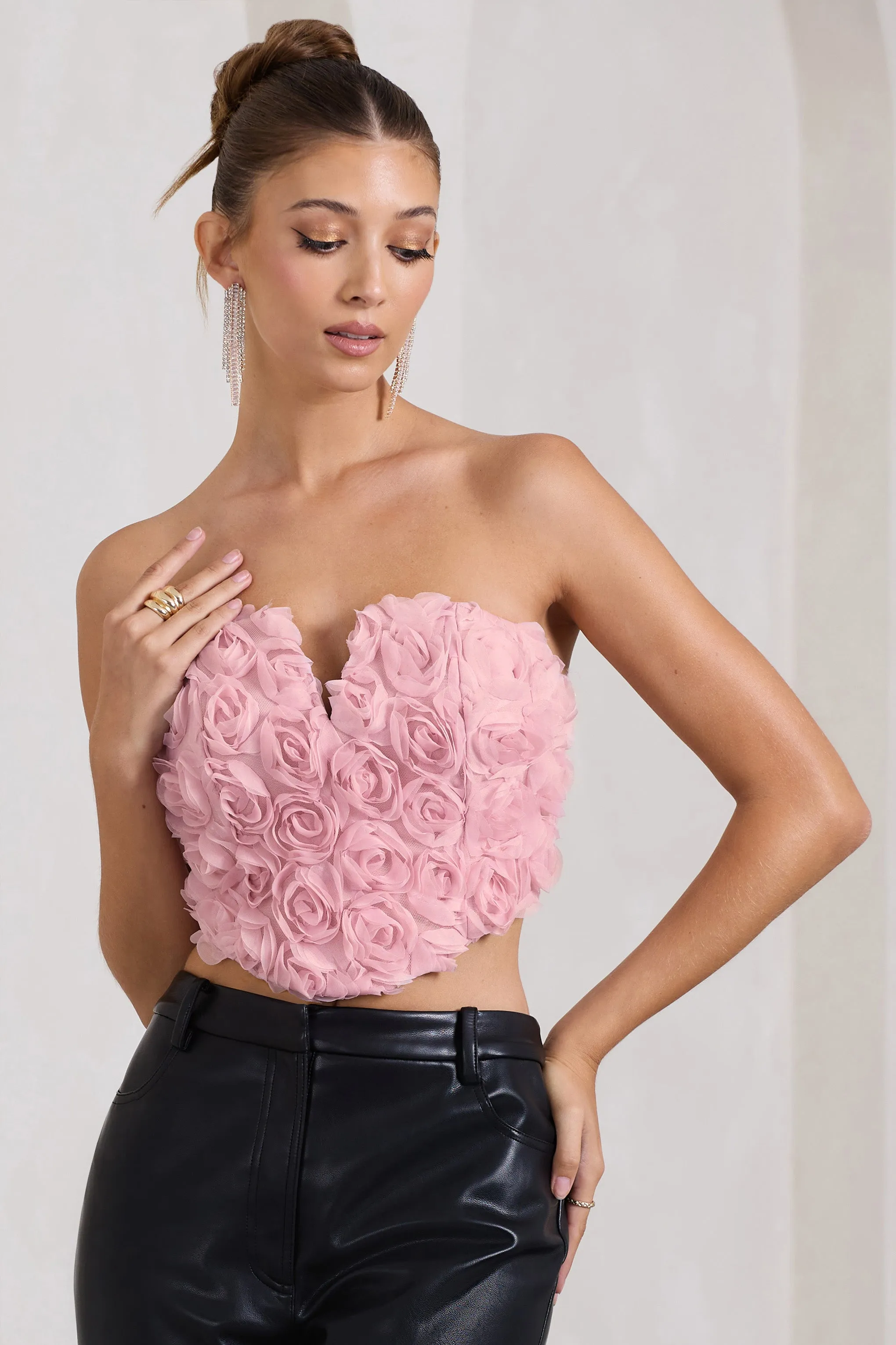 Alicia | Blush Pink Floral Mesh Strapless Corset Top