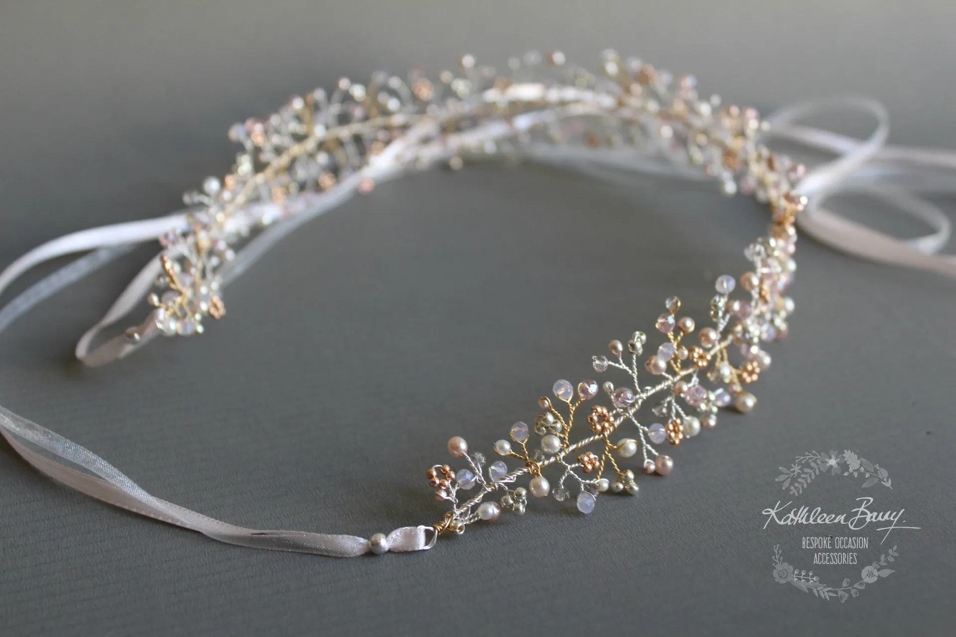 Andrea Gold or rose gold dainty headband crystal, pearl and tones of blush pink