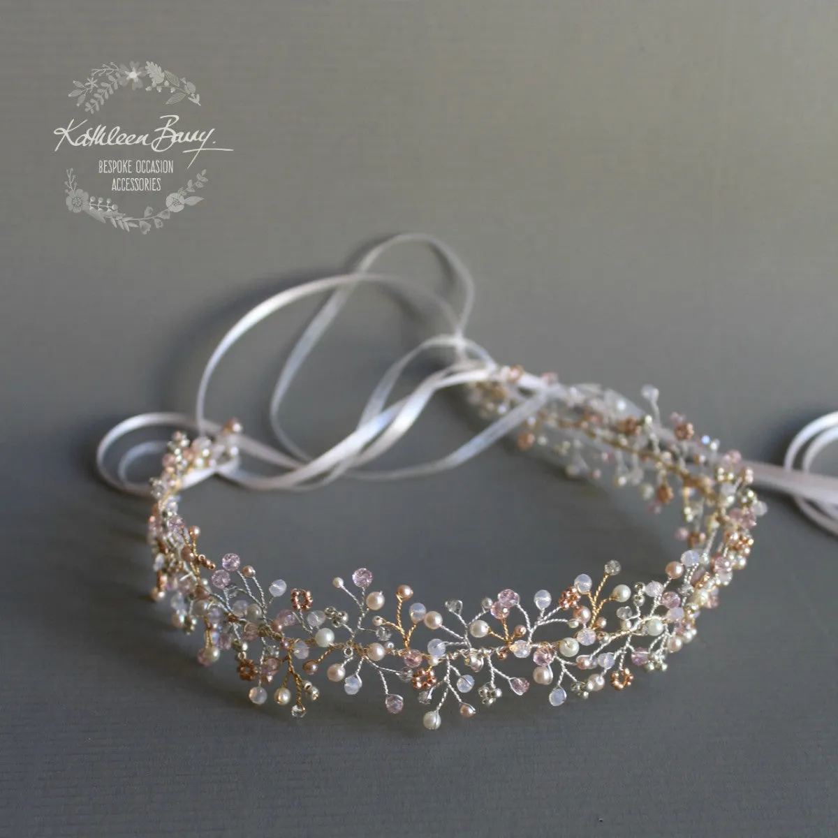 Andrea Gold or rose gold dainty headband crystal, pearl and tones of blush pink