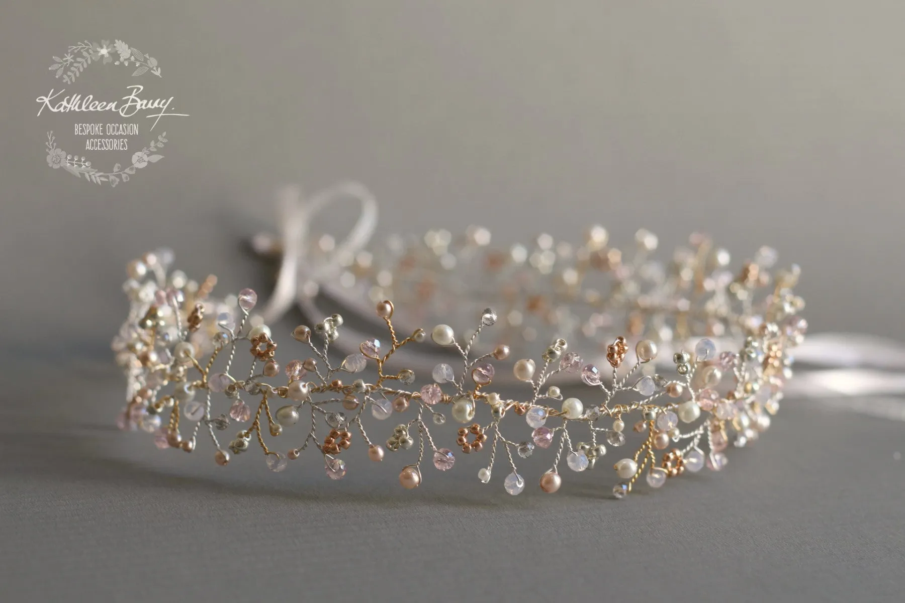 Andrea Gold or rose gold dainty headband crystal, pearl and tones of blush pink