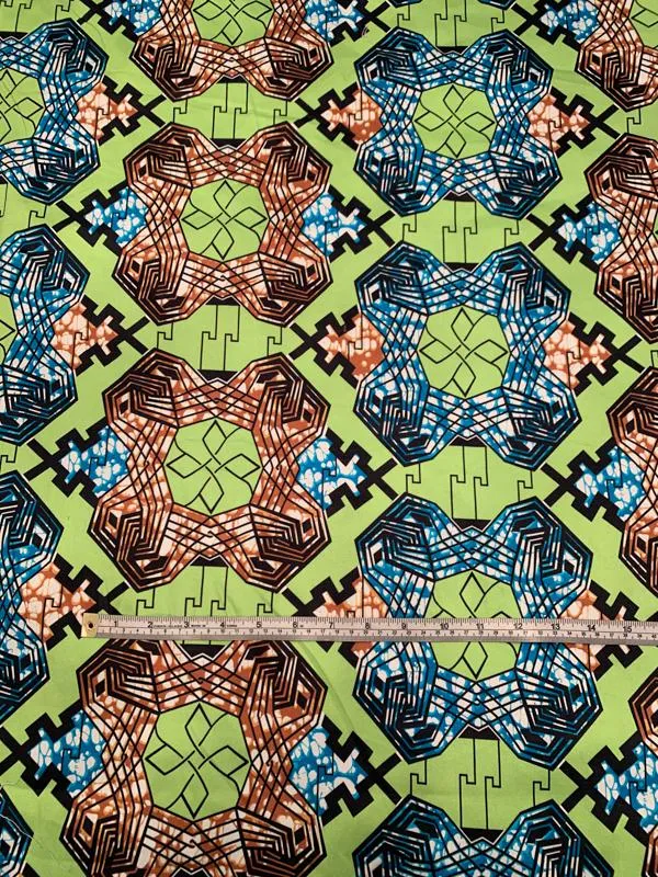 Art Deco Ethnic Printed Stretch Cotton Sateen - Lime / Dark Turquoise / Saddle / Black