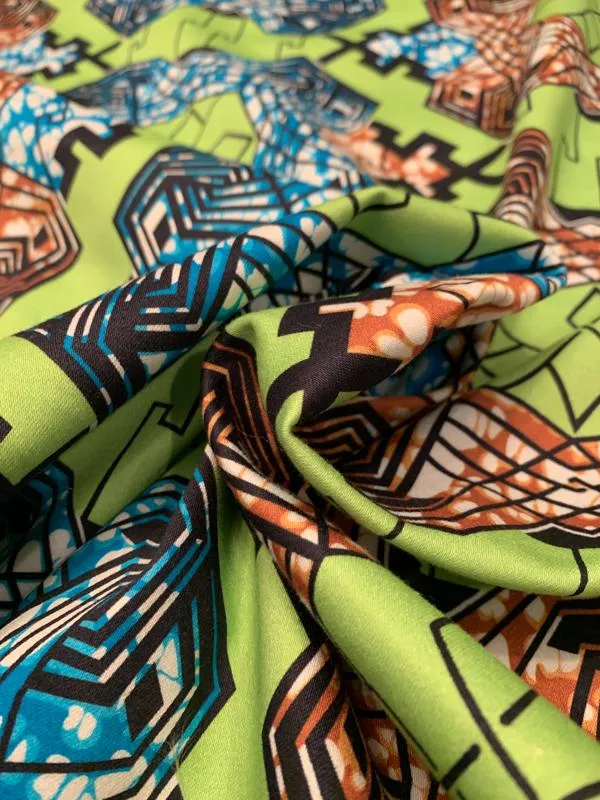 Art Deco Ethnic Printed Stretch Cotton Sateen - Lime / Dark Turquoise / Saddle / Black