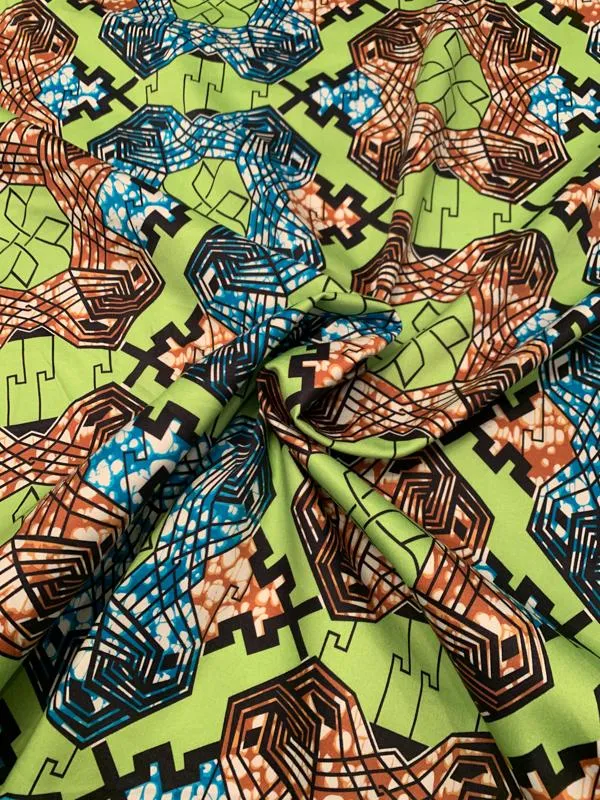 Art Deco Ethnic Printed Stretch Cotton Sateen - Lime / Dark Turquoise / Saddle / Black