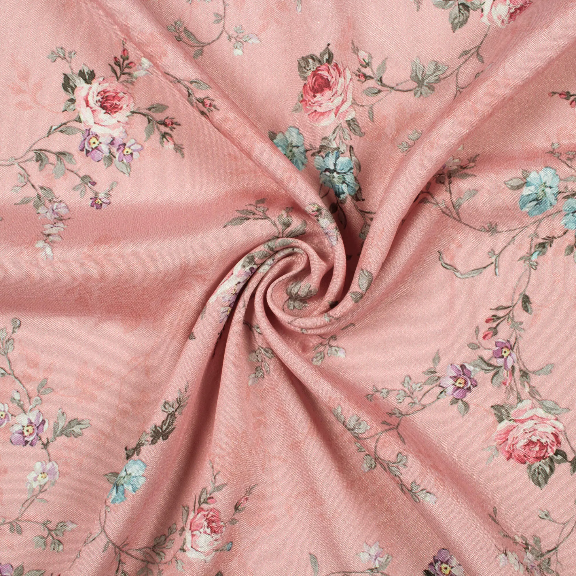 Baby Pink And Blue Floral Pattern Digital Print Crepe Silk Fabric