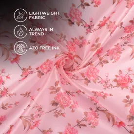 Baby Pink And Brown Floral Pattern Digital Print Organza Satin Fabric