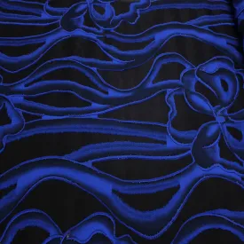 Black and Blue Floral Waves Textured Brocade Fabric