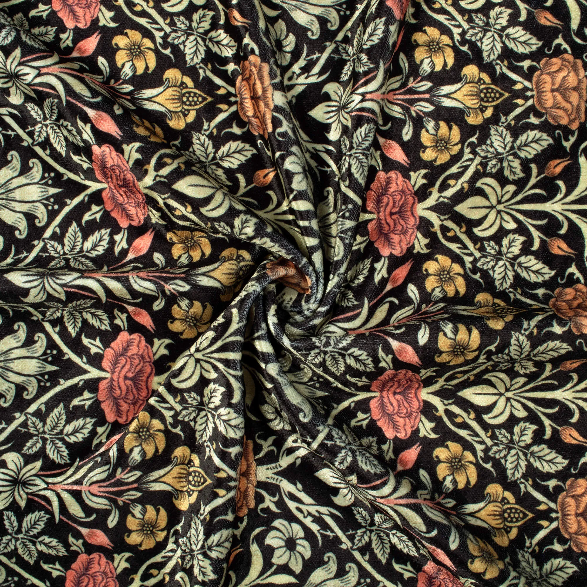 Black And Blush Red Floral Pattern Digital Print Premium Velvet Fabric