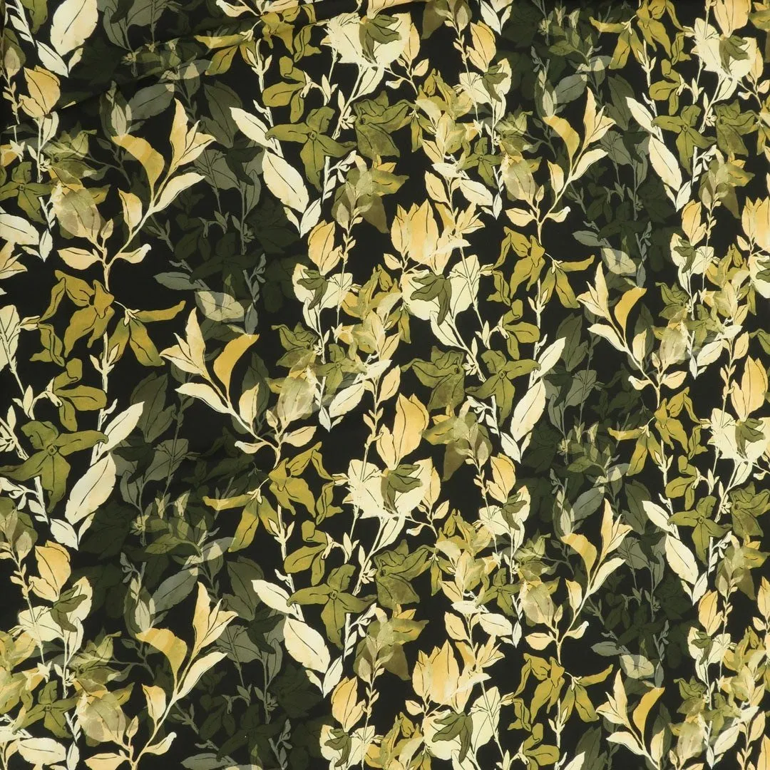 Black Background with Green Leaves Printed Fabric