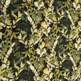 Black Background with Green Leaves Printed Fabric