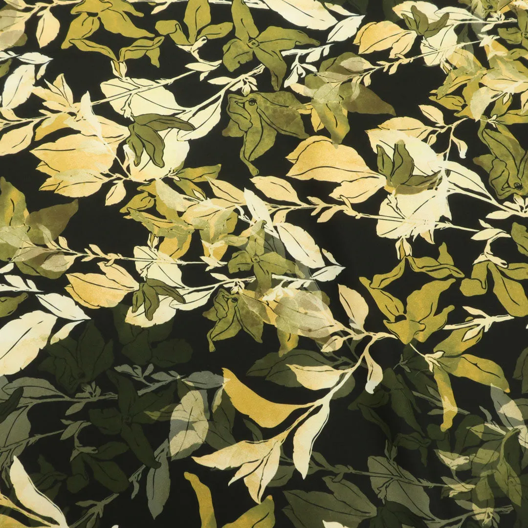 Black Background with Green Leaves Printed Fabric