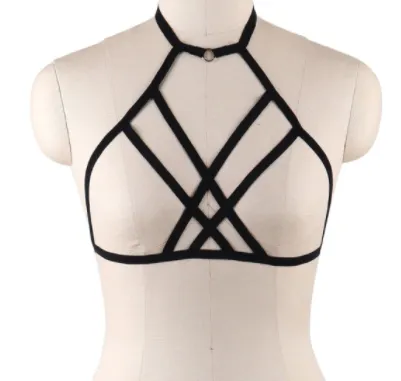 Black Halter Top O Neck Harness w/ Multi-Strap Detail