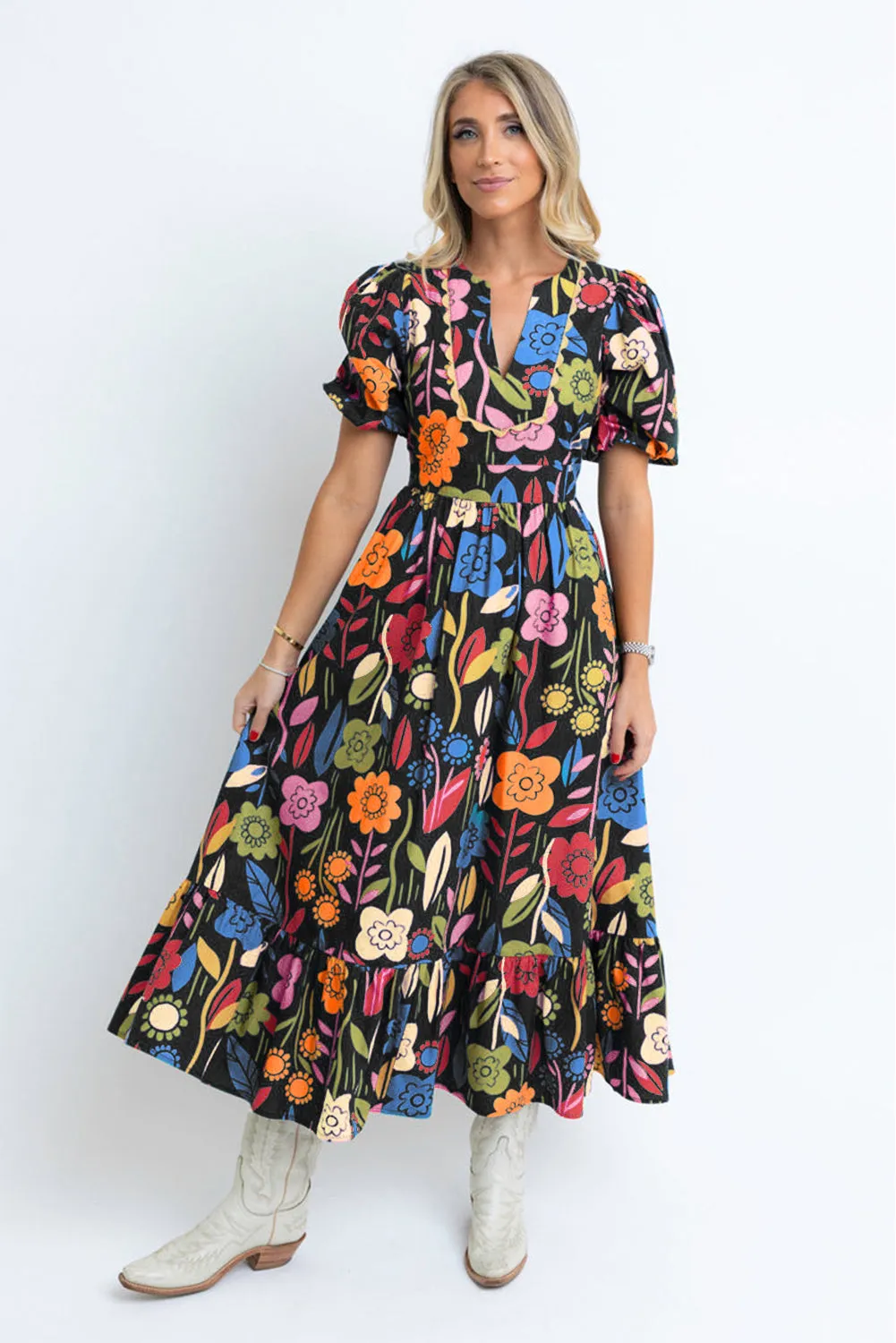 Black Retro Floral Printed Split Neck Maxi Dress