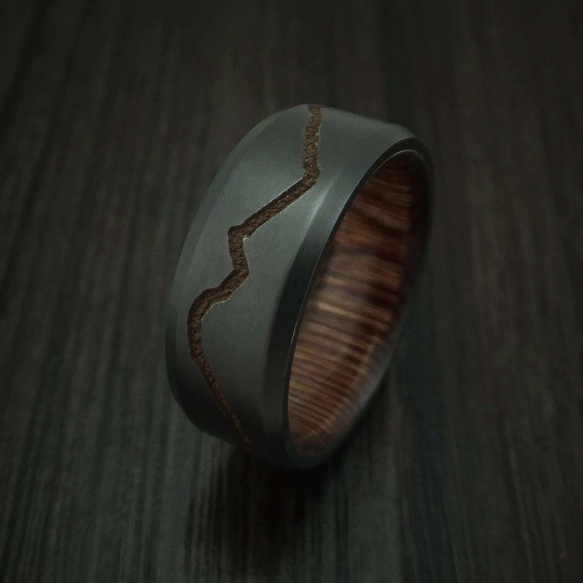 Black Titanium Men's Ring with Custom Mountain Milling and Hardwood Interior Sleeve Custom Made