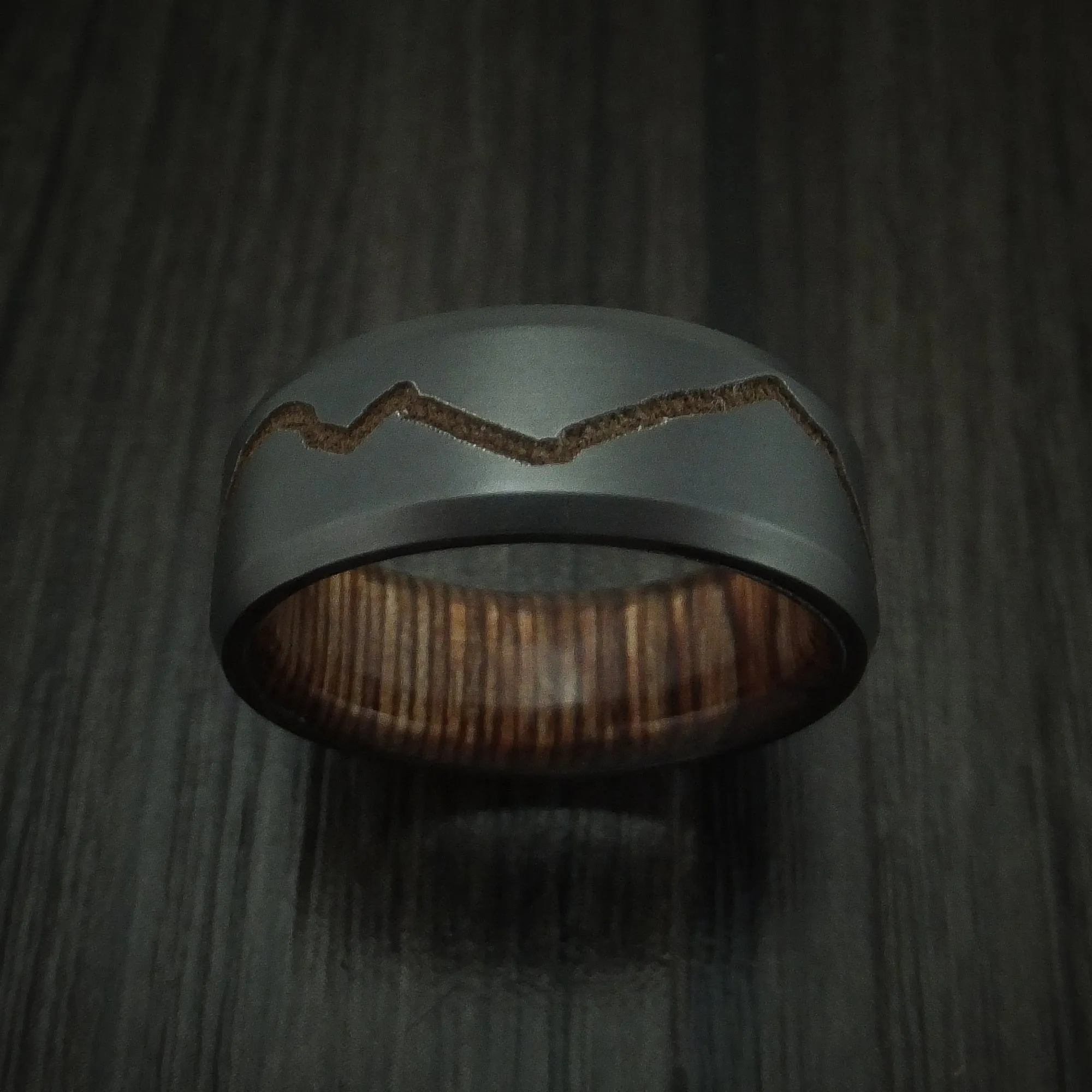 Black Titanium Men's Ring with Custom Mountain Milling and Hardwood Interior Sleeve Custom Made