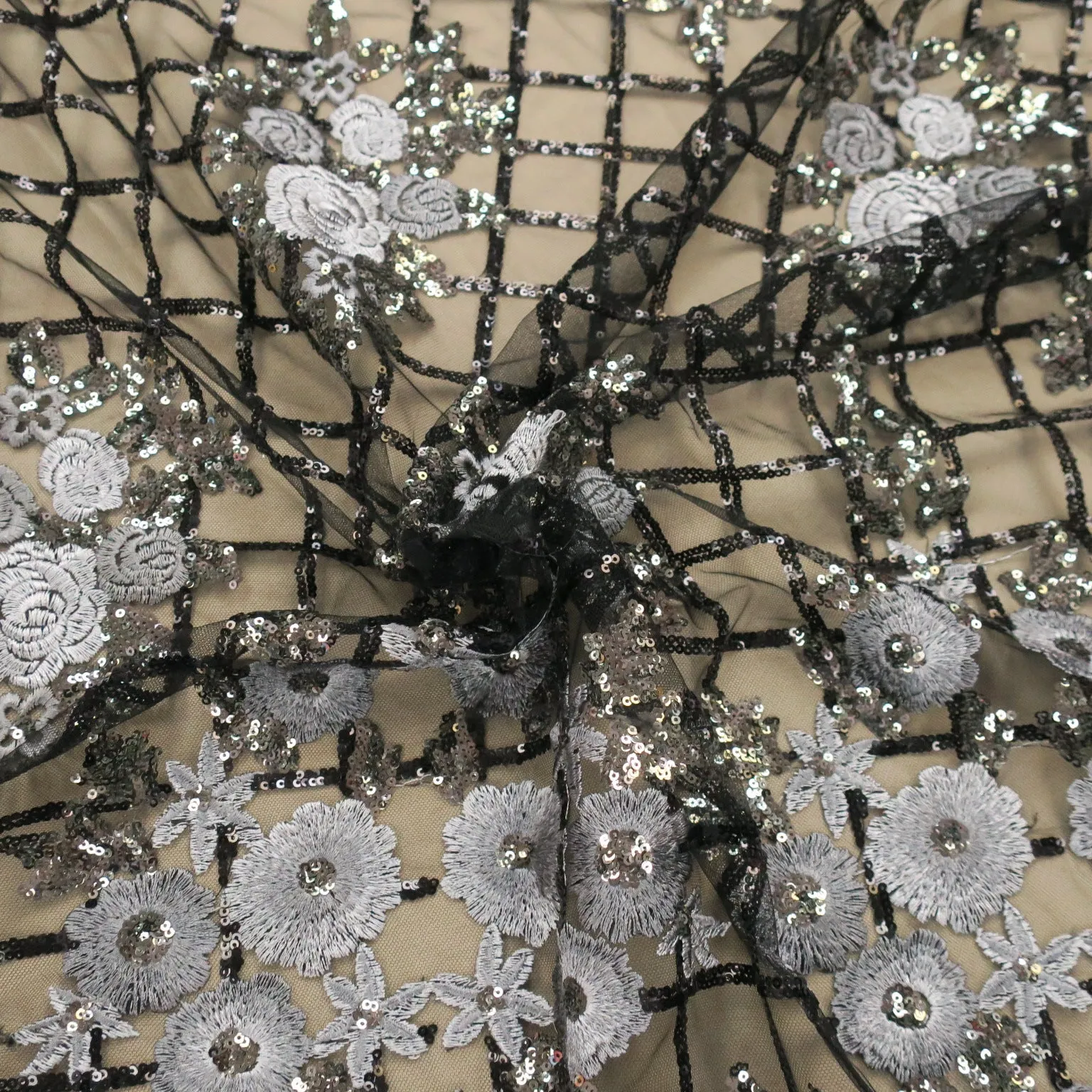 Black Tulle with Squared and Floral Sequins Pattern Embroidered Fabric