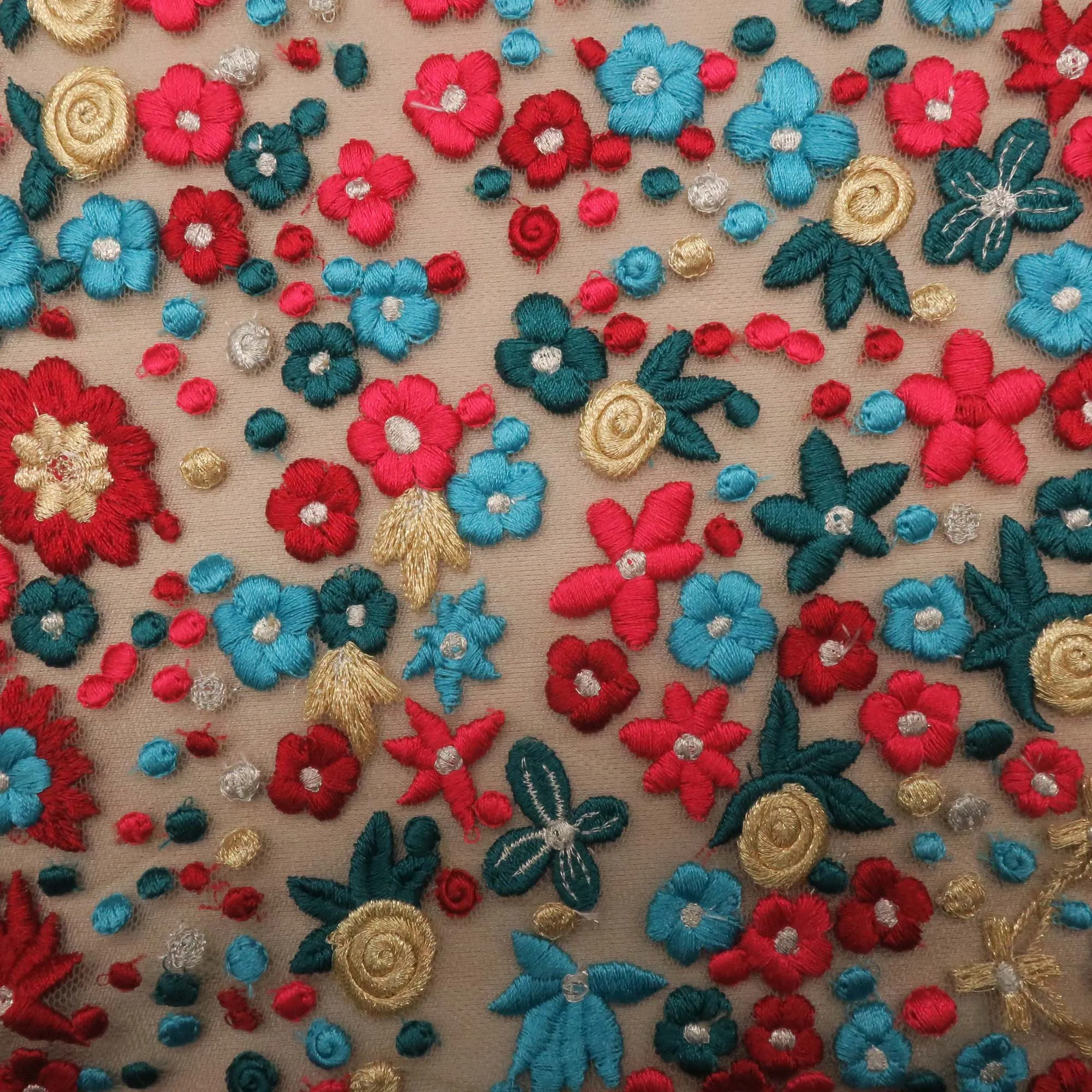 Blue and Red Floral on Nude Embroidered Tulle Fabric